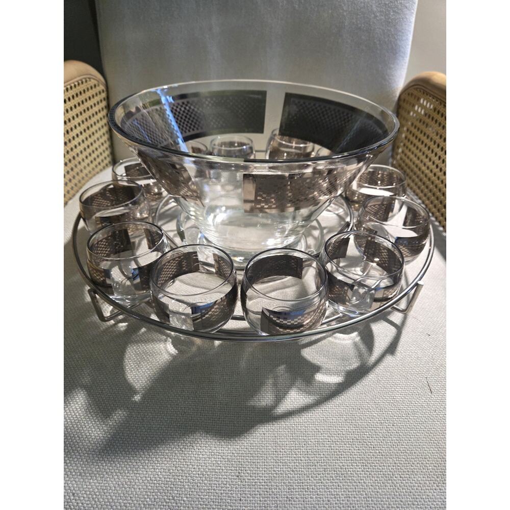 Vintage MCM Queen's Lusterware Silver Checkerboard Punch Bowl Set 12 Cups Caddy
